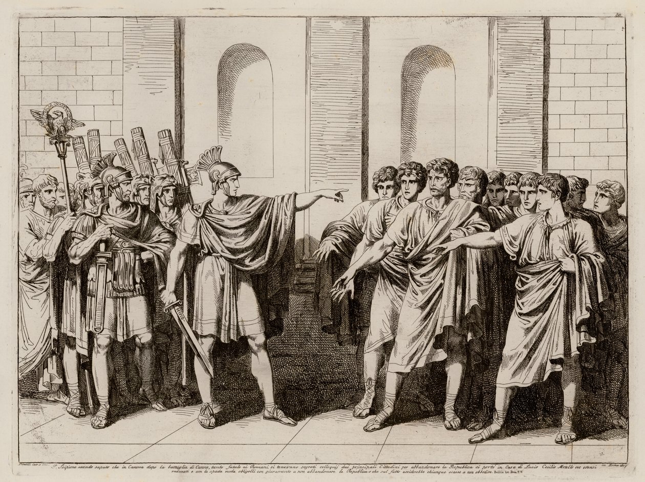 Scipio Africanus zwingt die Führer Roms, die Republik nach der Schlacht von Cannae, 216 v. Chr., nicht aufzugeben (Radierung) von Bartolomeo Pinelli