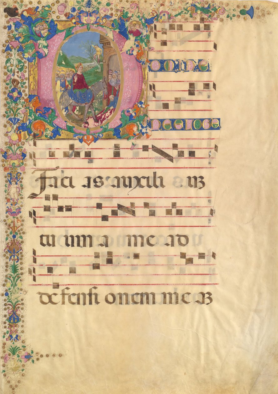 Manuskriptblatt mit Einzug in Jerusalem am Palmsonntag in einem Initial D, 15.-16. Jahrhundert von Bartolomeo di Domenico di Guido