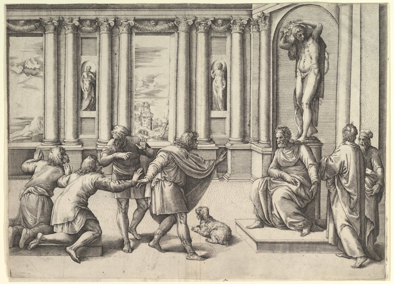 Mann sitzt unter einer Statue des Bacchus und empfängt eine Audienz von Battista Franco Veneziano