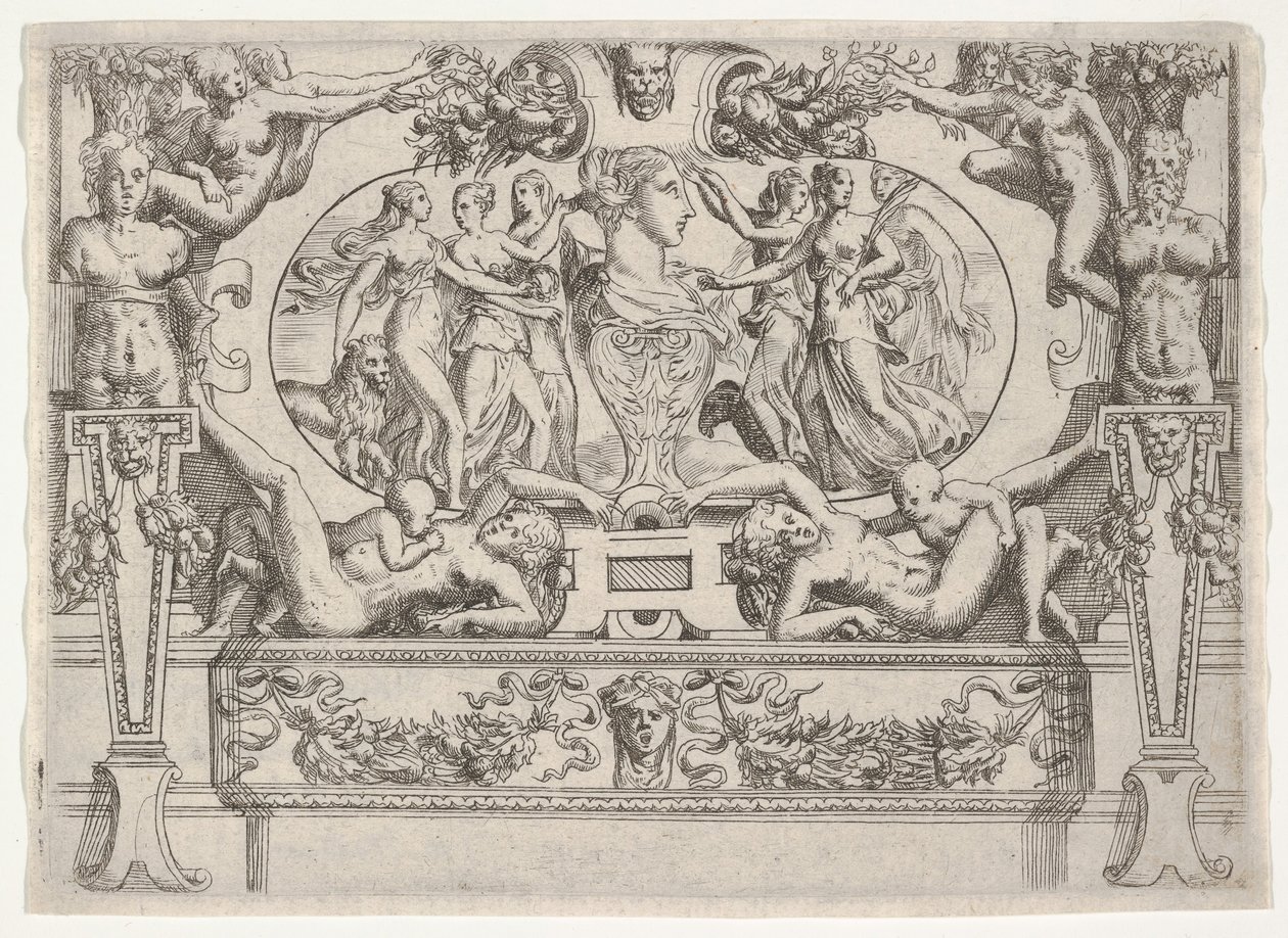 Büste einer Frau, flankiert von drei Frauen auf jeder Seite, in einem aufwendigen Rahmen, ca. 1540-80 von Battista del Moro