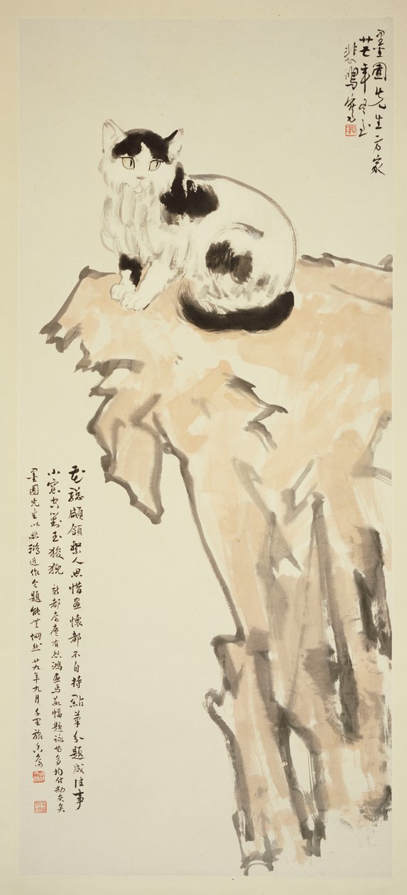Eine Katze, die auf einem Felsen sitzt von Beihong Xu