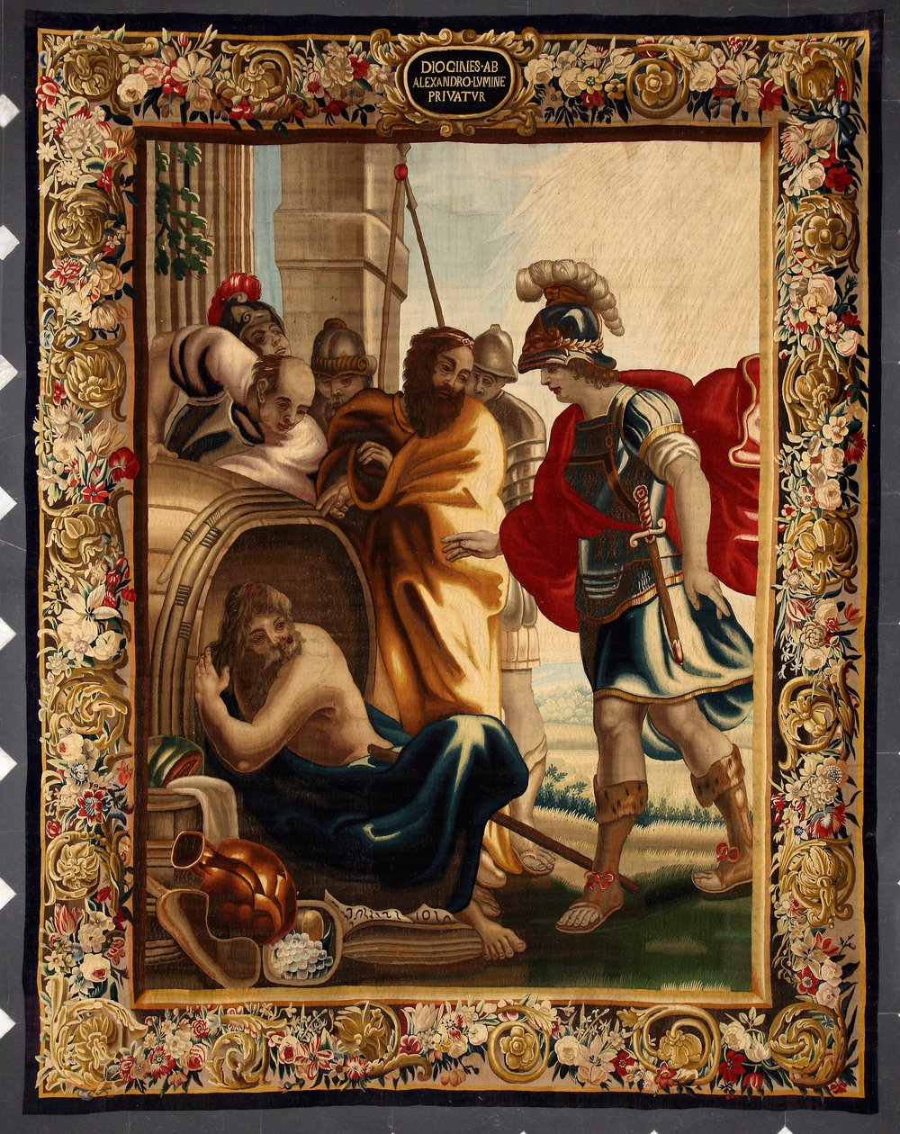 Diogenes und Alexander: Begegnung zwischen dem griechischen Philosophen Diogenes von Sinope (413-327 v. Chr.) in seinem Fass und König Alexander dem Großen (356-323 v. Chr.) in Korinth. Als der Eroberer ihn fragte, was er wolle, antwortete Diogenes: "Geh m von Belgian School