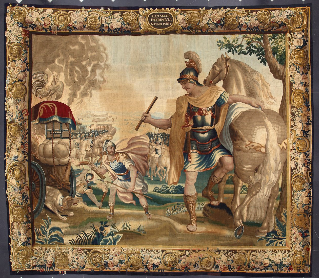 König Alexander der Große (356-323 v. Chr.) verbrannte vor seiner Reise nach Indien alles unnötige Gepäck. Tapisserie der Brüsseler Manufakturen, 16. Jahrhundert, Genua, Musei di Strada Nuova von Belgian School