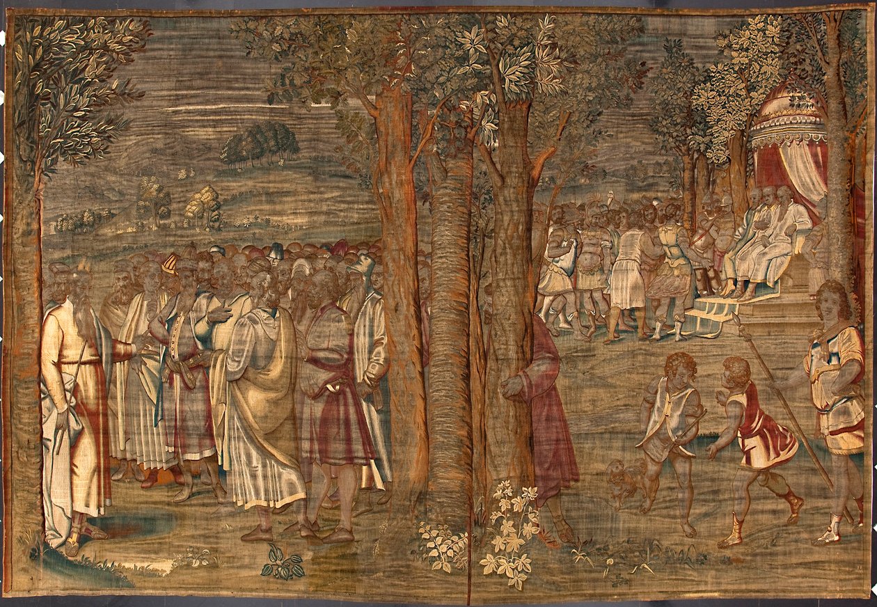 Mose etabliert die Gerechtigkeit. Wandteppich von Dionys Martensz nach den Kartons von Luca Cambiaso (1527-1584) und hergestellt in den Manufakturen von Brüssel 1561-1564 Dim. 392,5x220,5 cm Genua, Musei di Strada Nuova von Belgian School