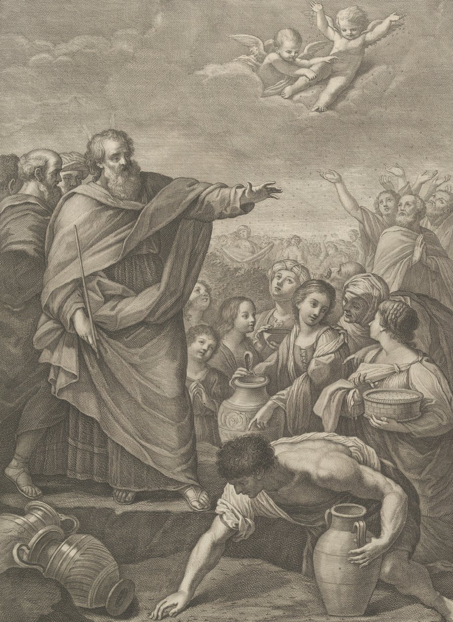 Moses links mit den Israeliten, die Manna sammeln, das vom Himmel fällt, zwei Engel, 1776 von Benedetto Eredi
