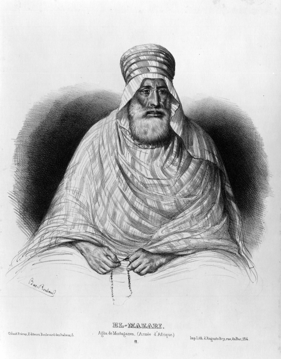 Porträt von El Mazari, Agha von Mostaganen (= Mostaganem) (Afrikanische Armee) (Zeichnung) von Benjamin Roubaud
