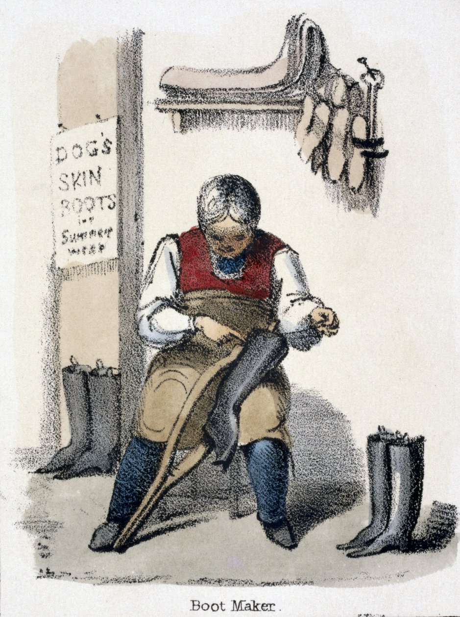 Der Schuhmacher, aus Der Hund in Grafische Illustrationen von Tieren - Ihre Nützlichkeit für den Menschen während ihres Lebens und ihre Verwendung nach dem Tod, ca. 1845 von Benjamin Waterhouse Hawkins
