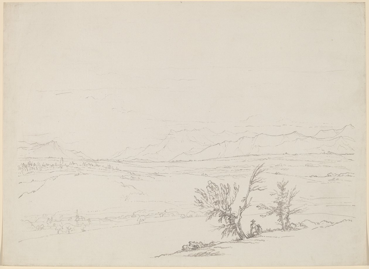 Alpenlandschaft mit einem Paar, das bei Bäumen sitzt und ein Tal überblickt von Benjamin West