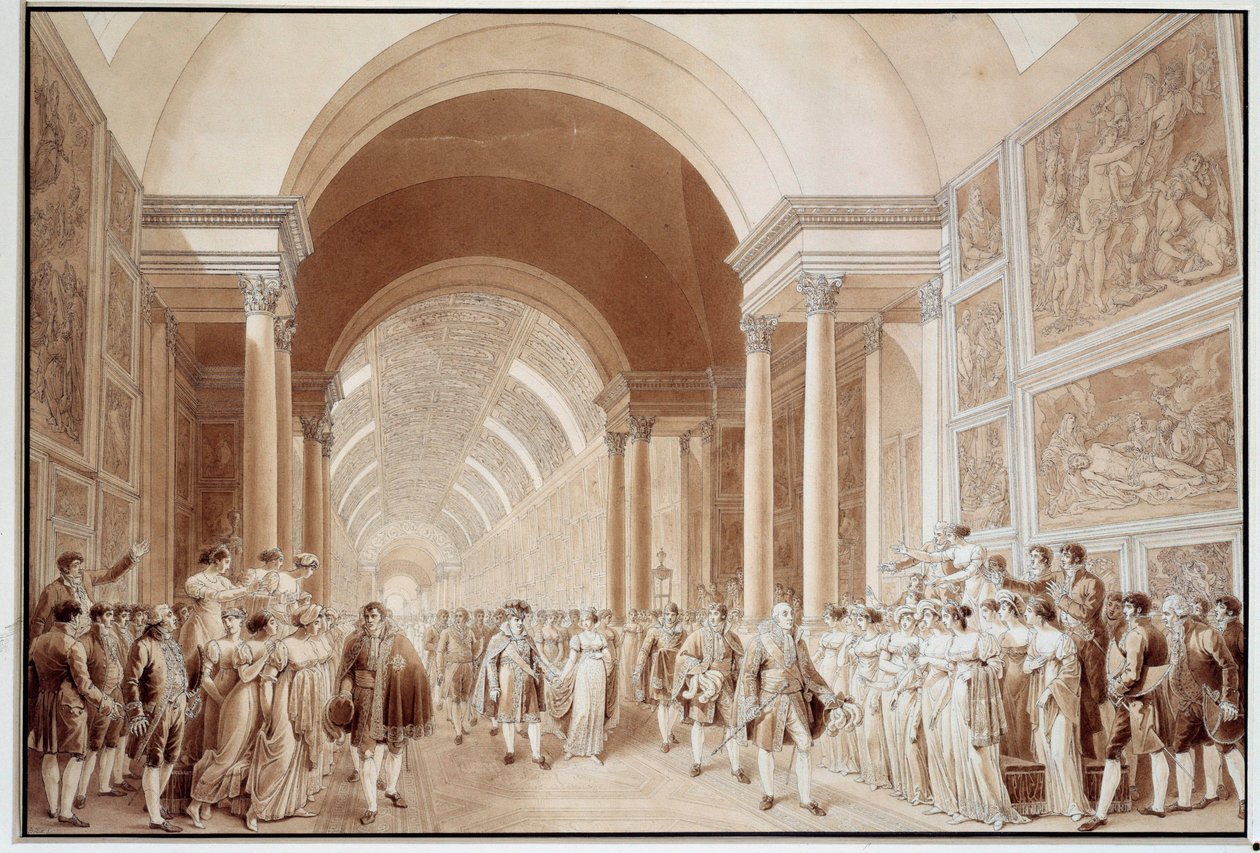 Ansicht des Brautzugs von Napoleon I. mit Erzherzogin Marie Louise von Habsburg-Lothringen, 2. April 1810 in der Grande Galerie du Louvre von Benjamin Zix