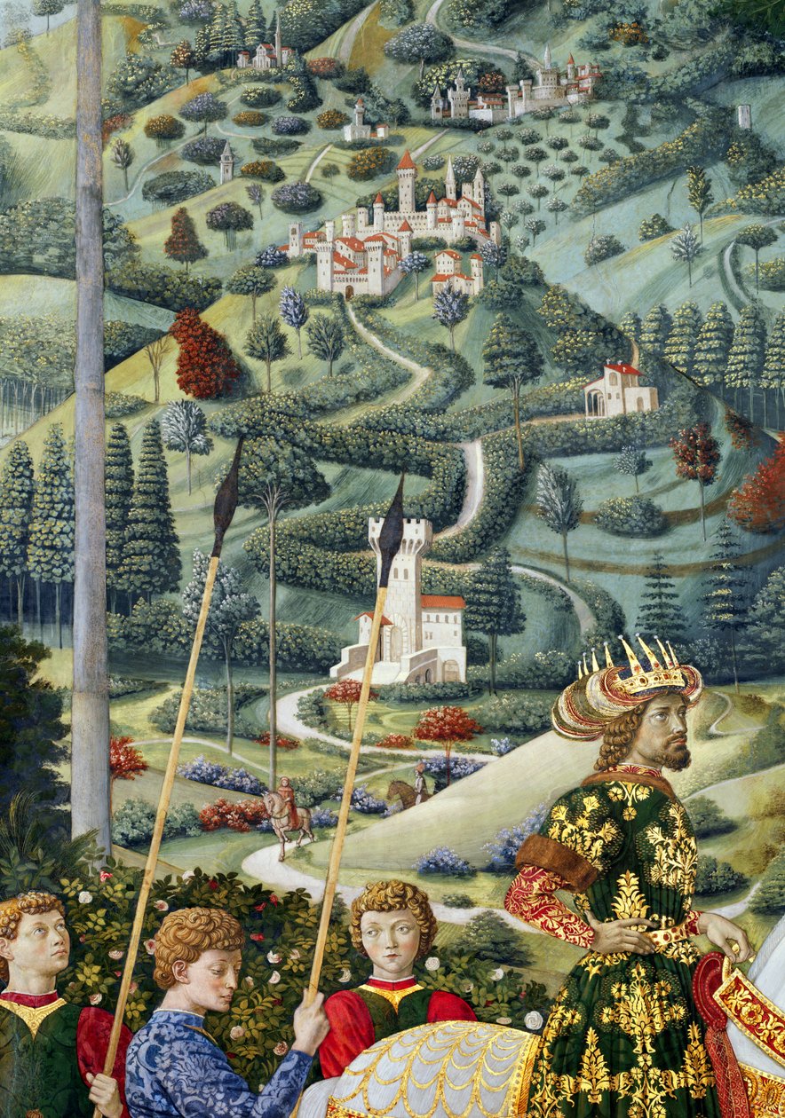 Fantastische Landschaft, Detail aus dem Zyklus der Reise der Heiligen Drei Könige in der Kapelle, ca. 1460 von Benozzo di Lese di Sandro Gozzoli