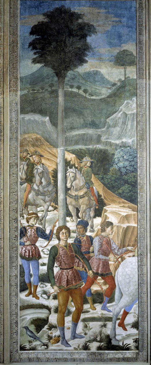 Liverierte Bogenschützen, Detail aus dem Zyklus Die Reise der Heiligen Drei Könige in der Kapelle, ca. 1460 (Fresko) von Benozzo di Lese di Sandro Gozzoli