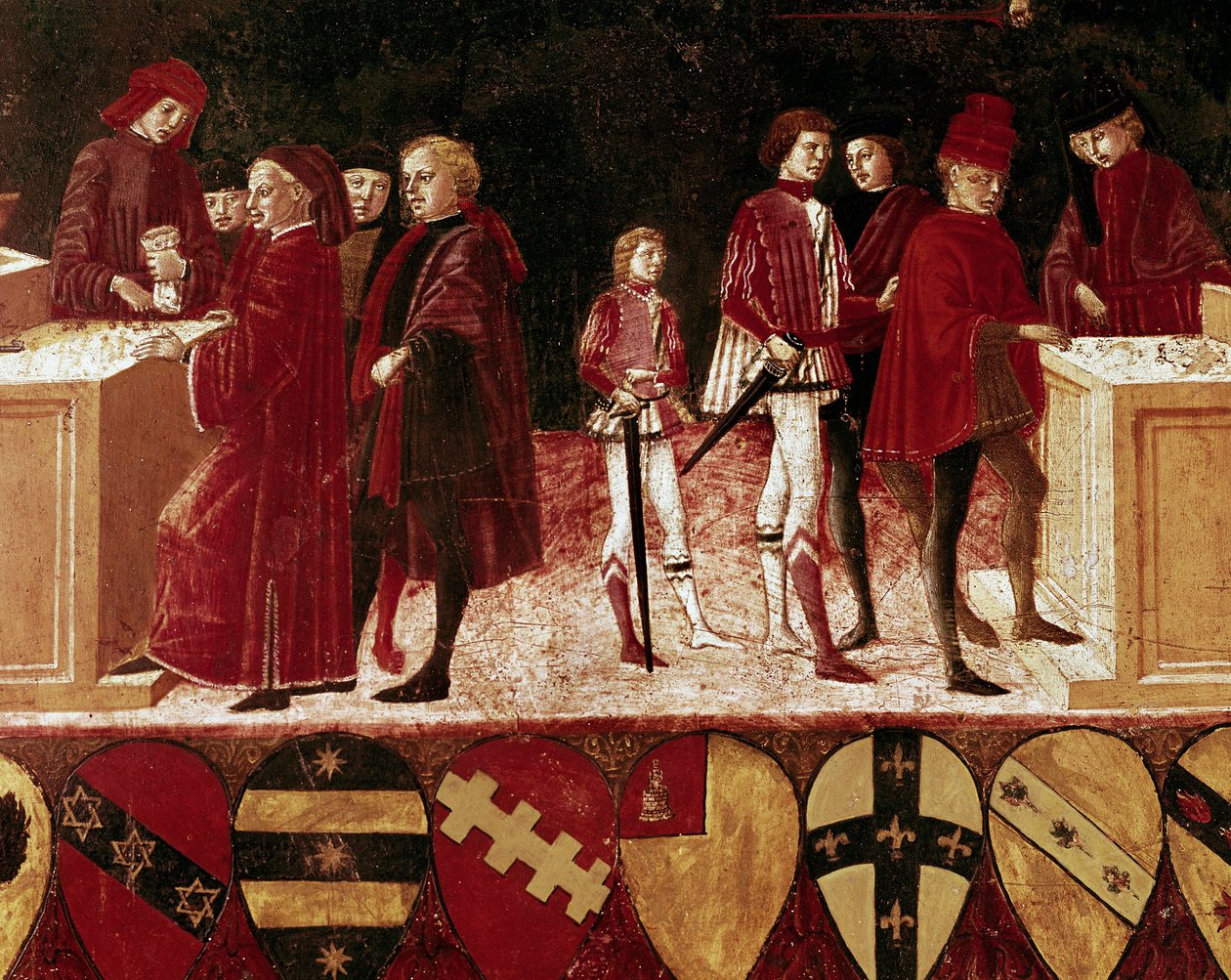 Allegorie der Staatsfinanzen in Kriegs- und Friedenszeiten (Detail) von Benvenuto di Giovanni