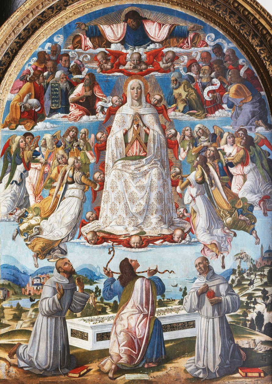 Mariä Himmelfahrt mit dem heiligen Thomas, der den Gürtel zwischen den Heiligen Franz von Assisi und Antonius von Padua erhält von Benvenuto di Giovanni