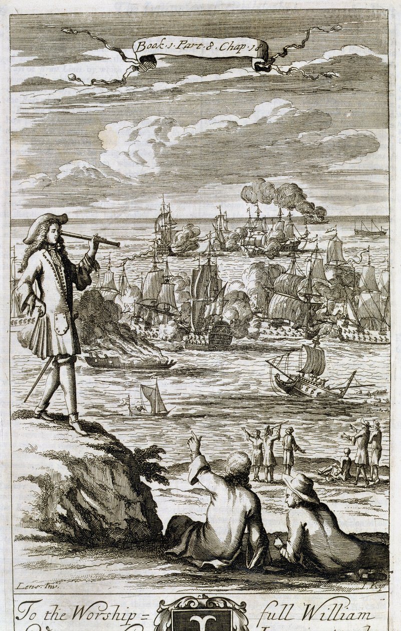 Beobachtung einer Seeschlacht durch ein Teleskop, Illustration aus Buch 1 Teil 8 Kapitel 18 von 