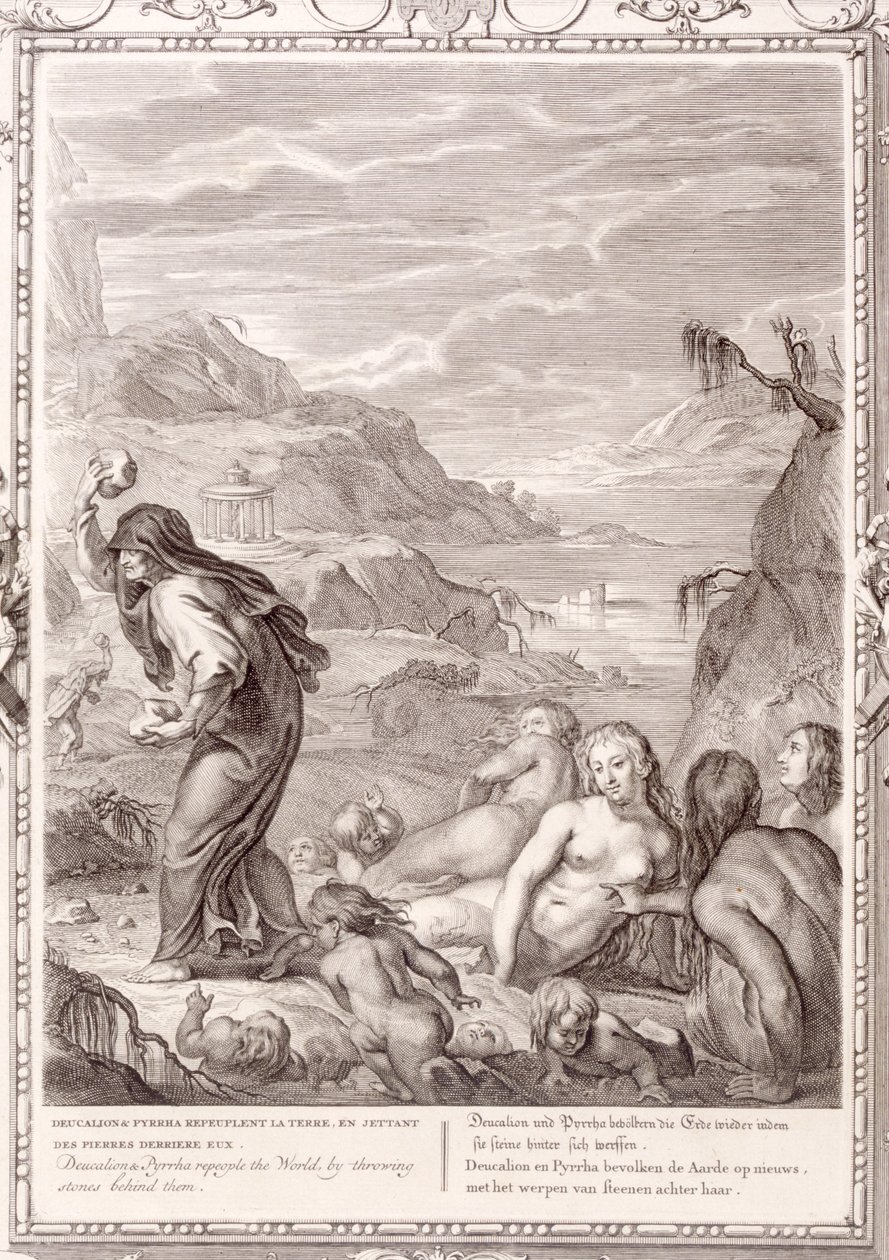 Deukalion und Pyrrha bevölkern die Welt neu, indem sie Steine hinter sich werfen, 1731 von Bernard Picart