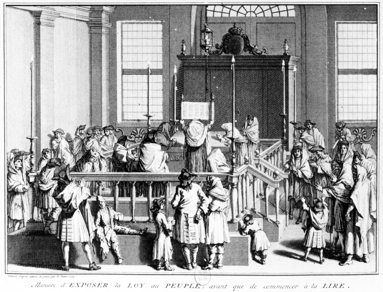 Das Gesetz den Menschen in der Synagoge zeigen, bevor das Lesen beginnt, 1725 von Bernard Picart