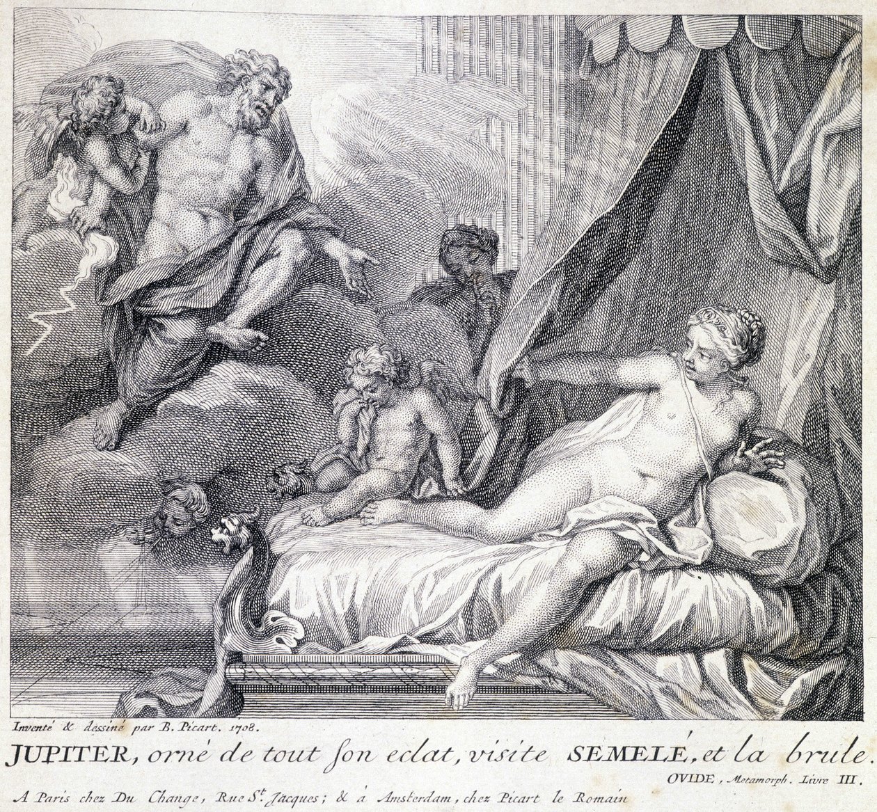 Jupiter (Zeus) verbrennt Semele mit seinem Blitz. Gravur des 18. Jahrhunderts nach der Zeichnung von B. Picart aus dem Jahr 1708. von Bernard (after) Picart