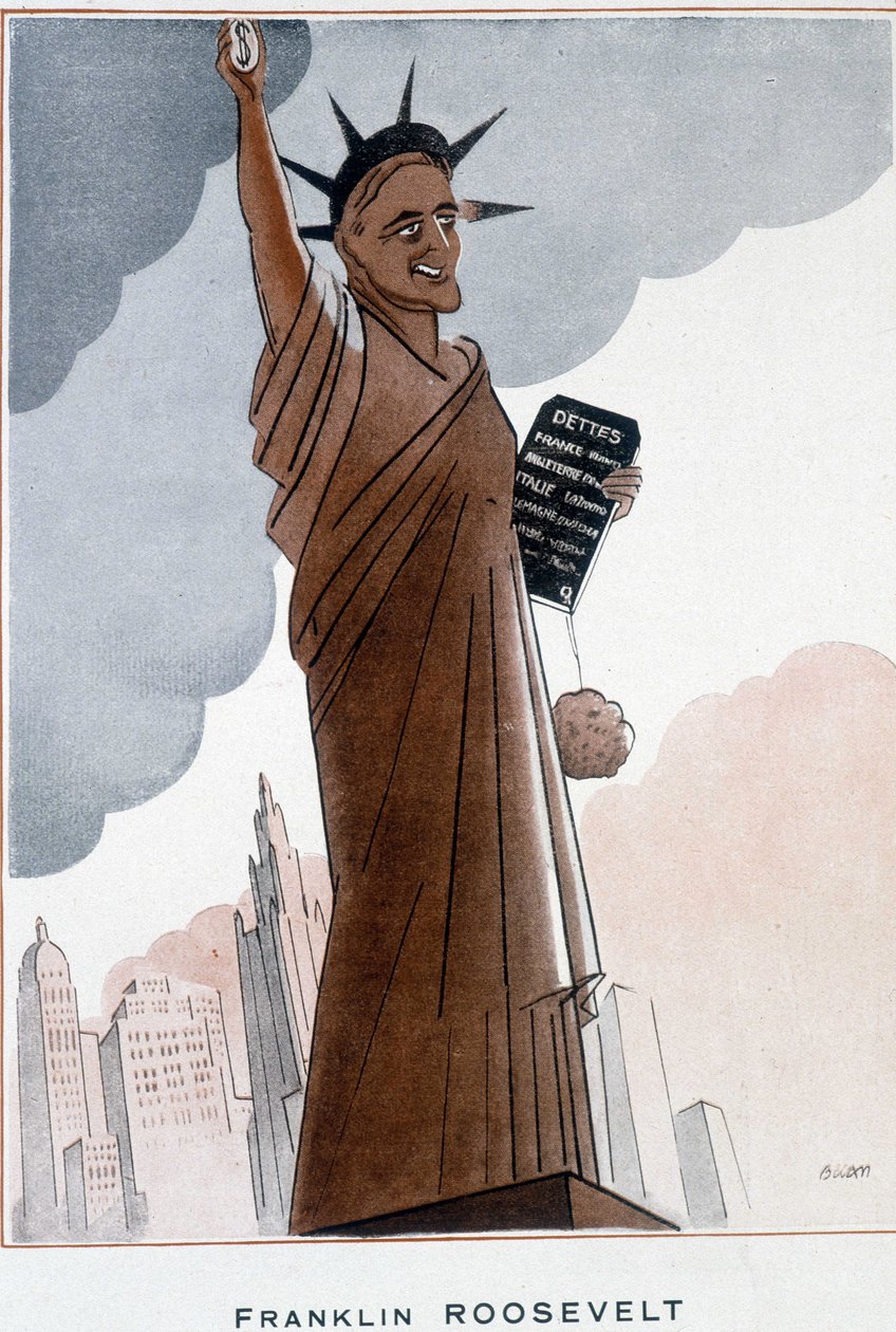 Karikatur von Franklin Roosevelt in der Freiheitsstatue - Illustration von Bernard Becan (Bernhard Kahn) (1890-1943) In „Fantasio“ vom 01.12.1932 von Bernard Becan