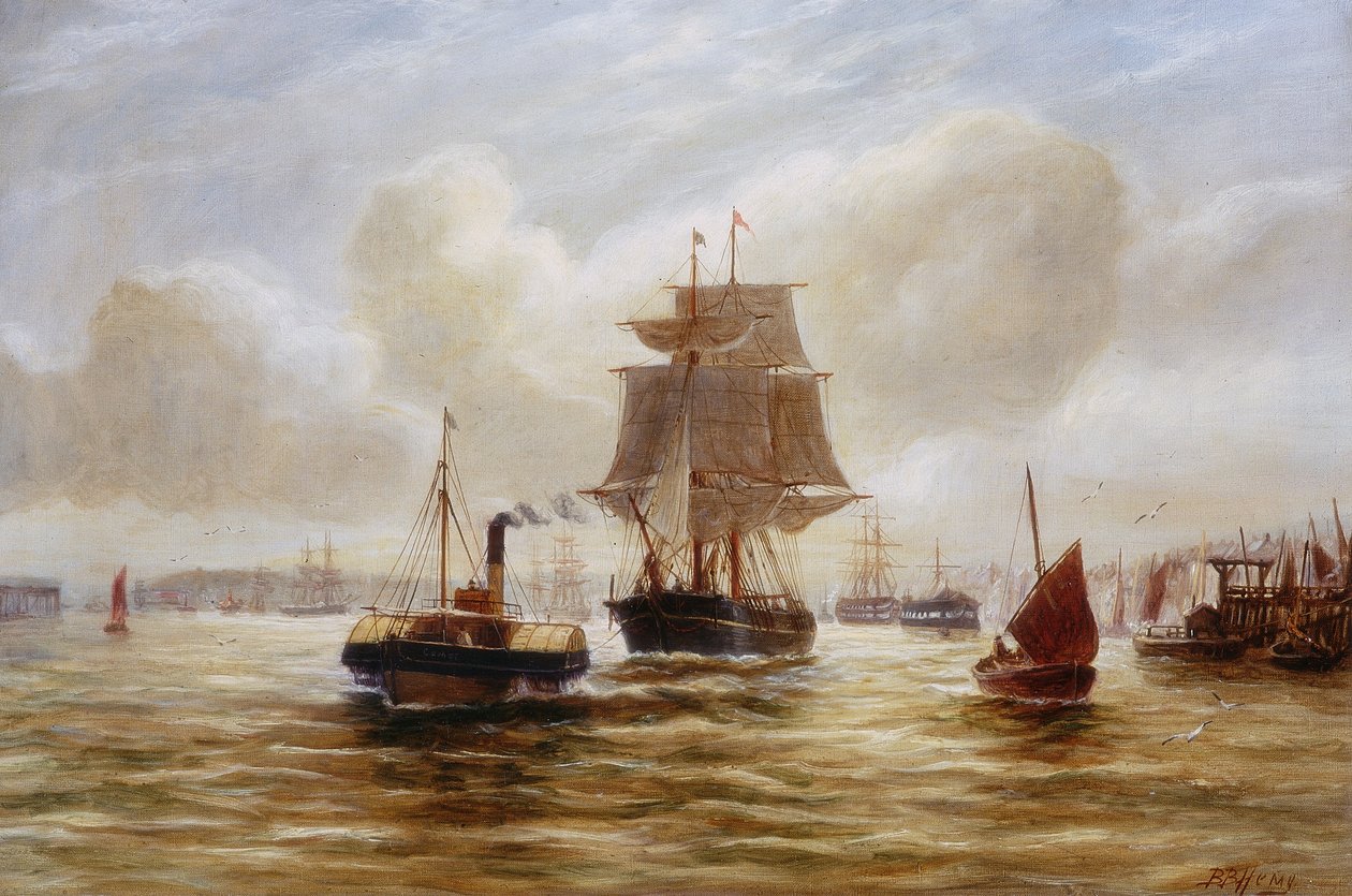 Dampfschlepper zieht ein Schiff an der Mündung des Tyne von Bernard Benedict Hemy