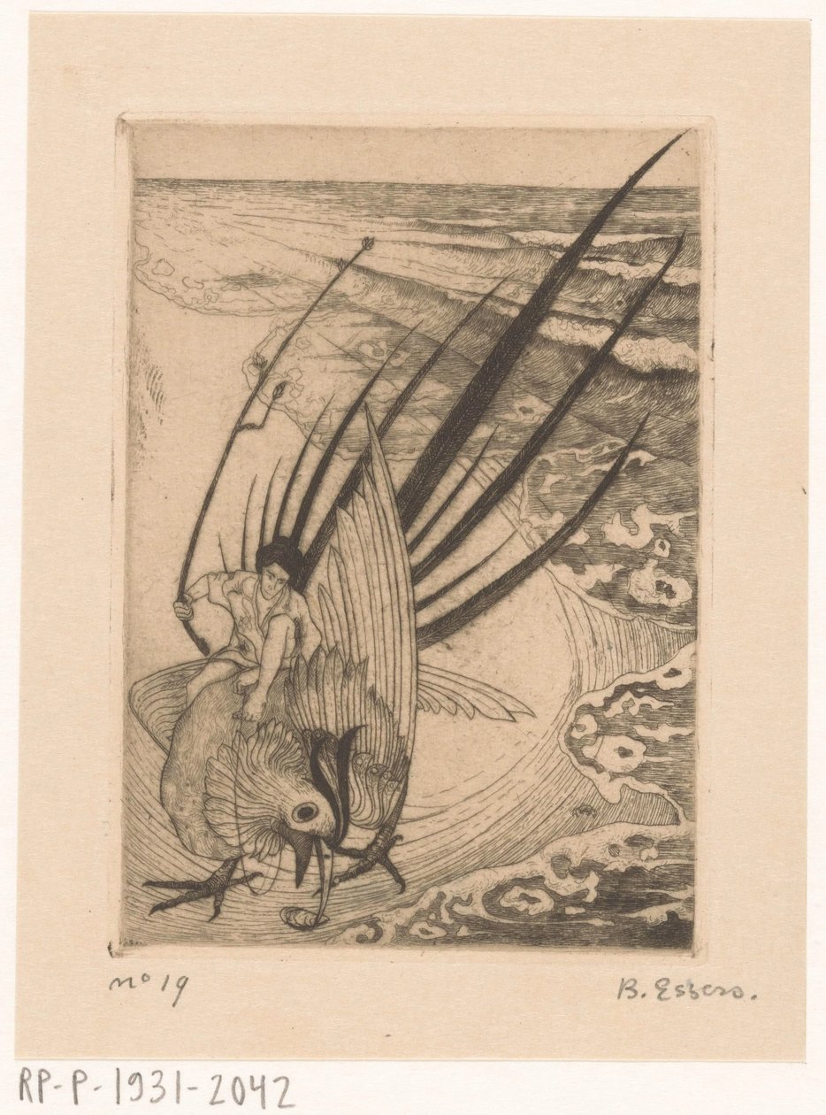 Figur sitzend auf einem Fasan am Strand von Bernard Essers (signed by artist)