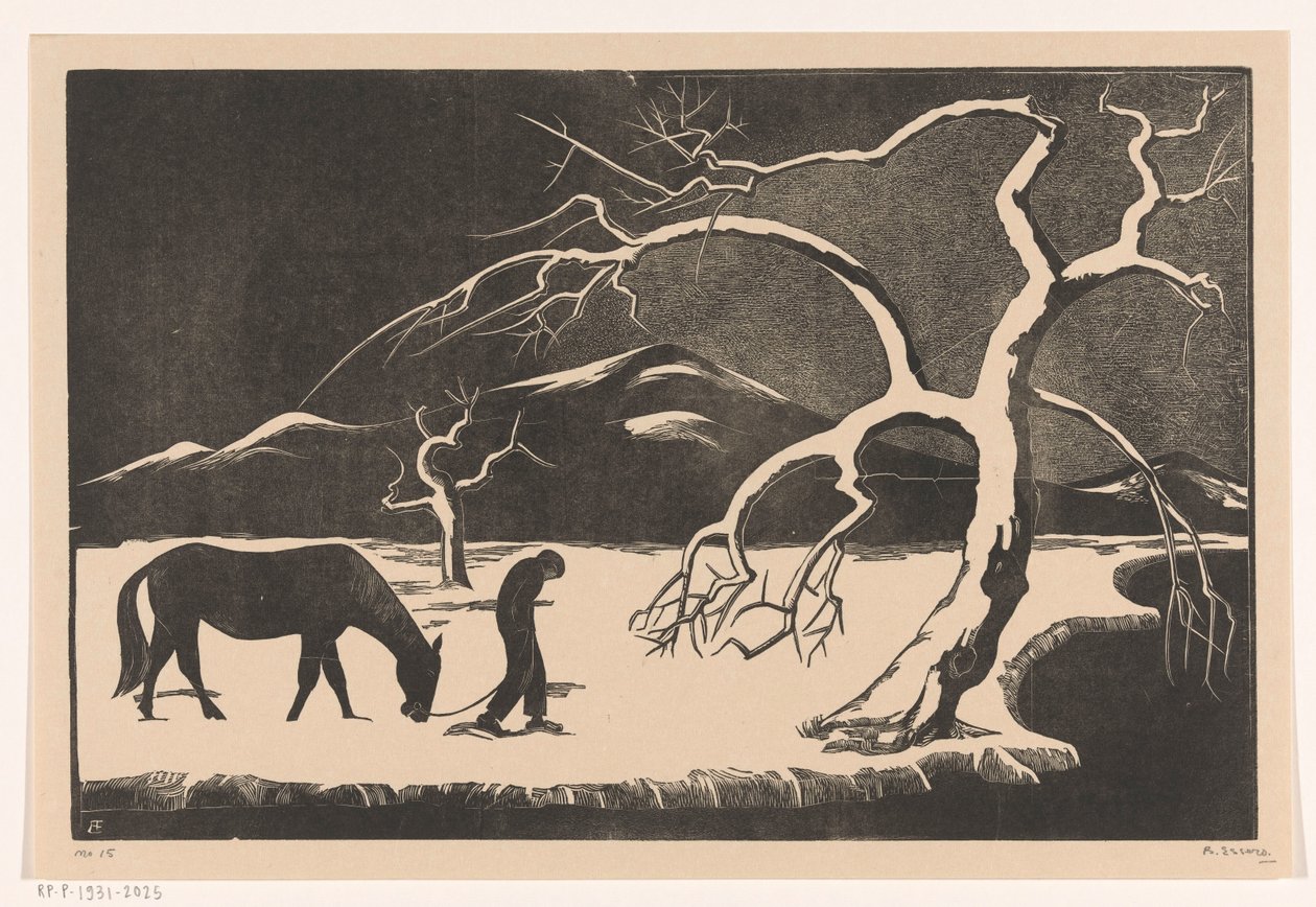 Mann mit Pferd im Schnee von Bernard Essers (signed by artist)