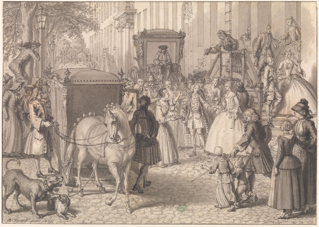 Beginn eines Hochzeitszugs eines lutherischen Paares von Bernard Picart