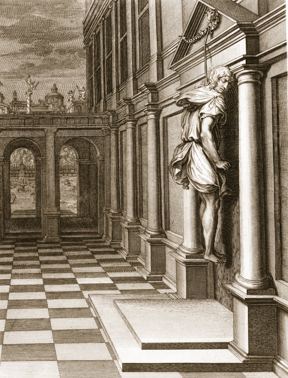 Iphis erhängt sich in Verzweiflung, dass er Anaxarete nicht gewinnen konnte, 1731 von Bernard Picart