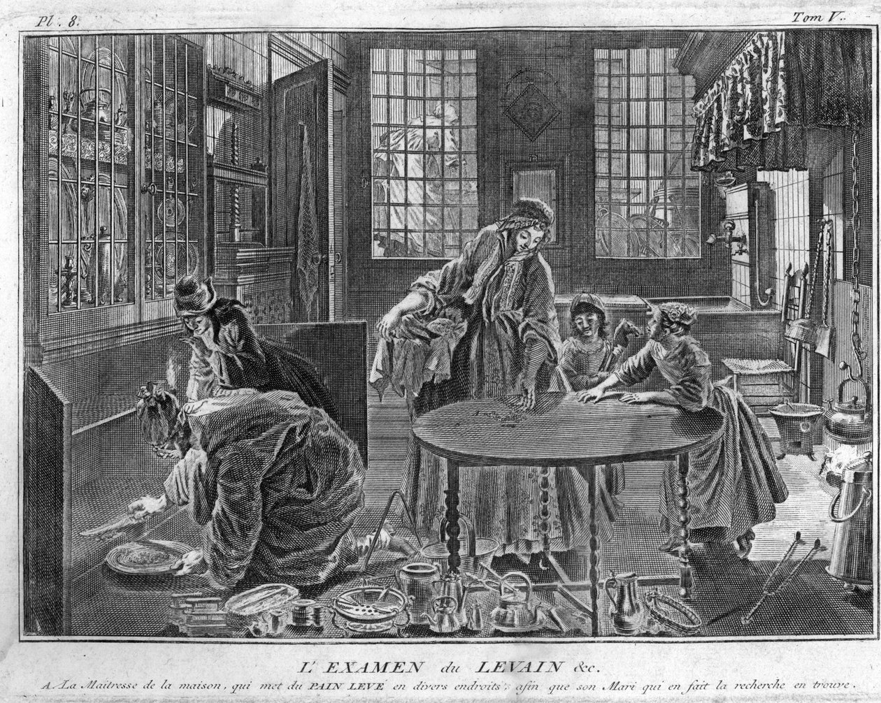 Judentum: Untersuchung des Sauerteigs, Suche nach Sauerteig am Vorabend des Pessachfestes) Gravur aus "Illustration religiöser Zeremonien und Bräuche aller Völker der Welt" von Bernard Picart (1723-1743) von Bernard Picart