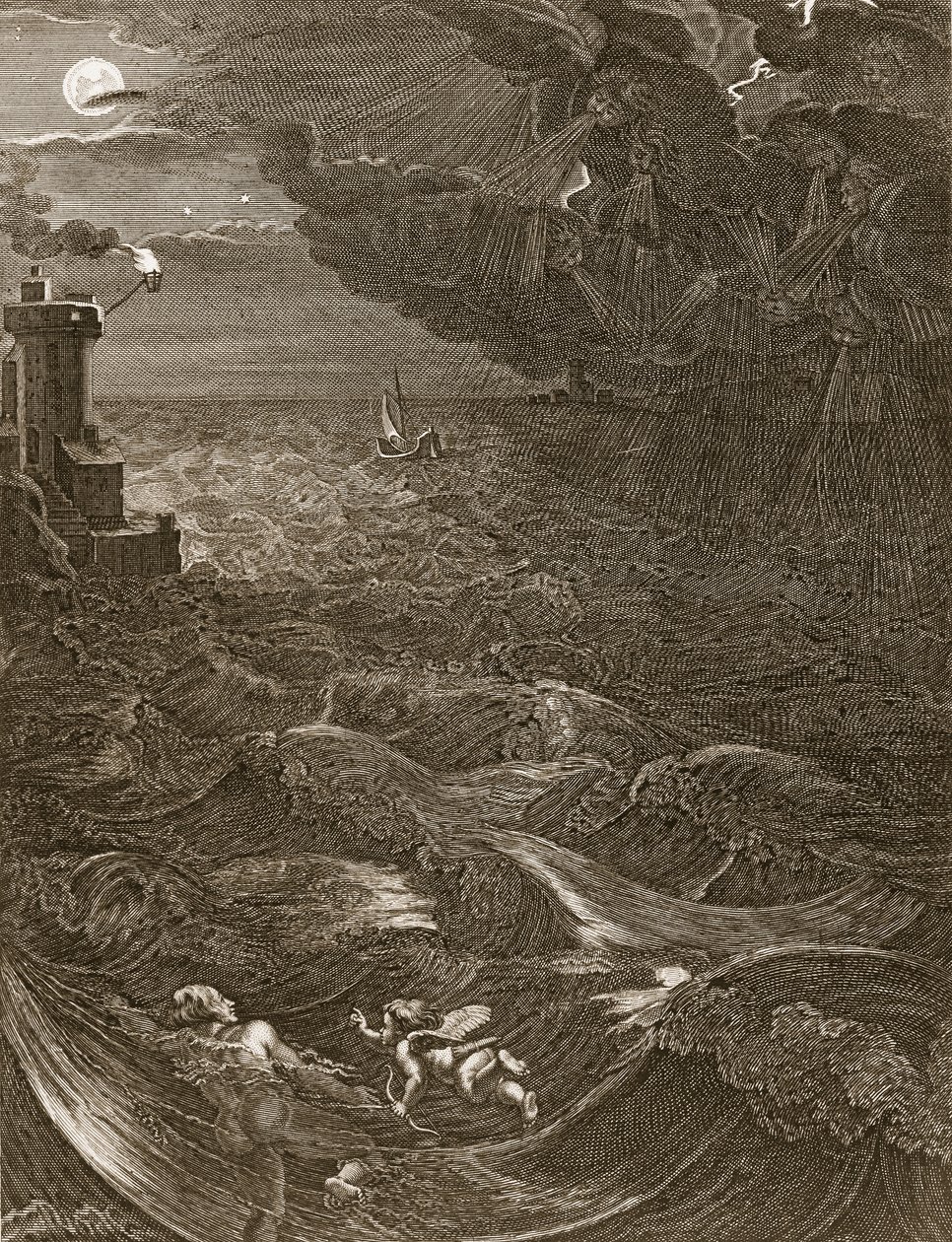 Leander schwimmt über den Hellespont, um seine Geliebte Hero zu treffen, 1730 von Bernard Picart