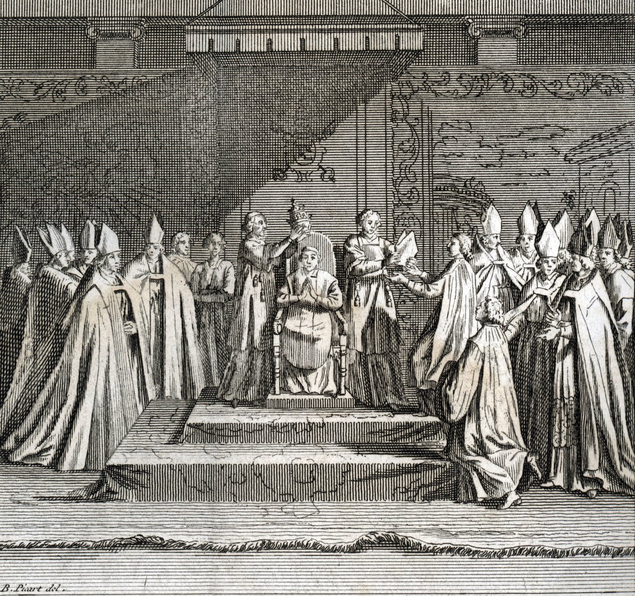 Feierliche Inauguration des Pontifikats: Krönung des Papstes) Gravur aus "Illustration religiöser Zeremonien und Bräuche aller Völker der Welt" von Bernard Picart (1723-1743) von Bernard Picart