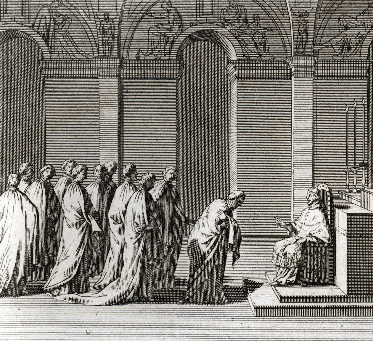Feierliche Inauguration des Pontifikats: „Die Anbetung des Papstes in der Sixtinischen Kapelle“ (Päpstliche Inauguration: Verehrung des Papstes in der Sixtinischen Kapelle) Gravur aus „Illustration religiöser Zeremonien und Bräuche aller Völker der Welt“ von Bernard Picart