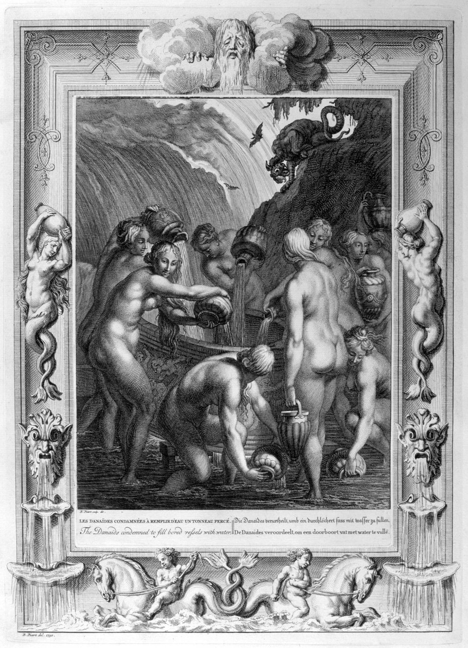 Die Danaiden, verurteilt, durchlöcherte Gefäße mit Wasser zu füllen, 1733 von Bernard Picart