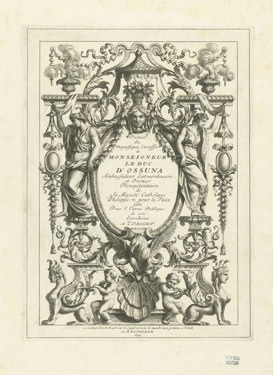 Titelblatt für die Serie von Platten der Staatskutsche des Herzogs von Ossuna, 1713 von Bernard Picart
