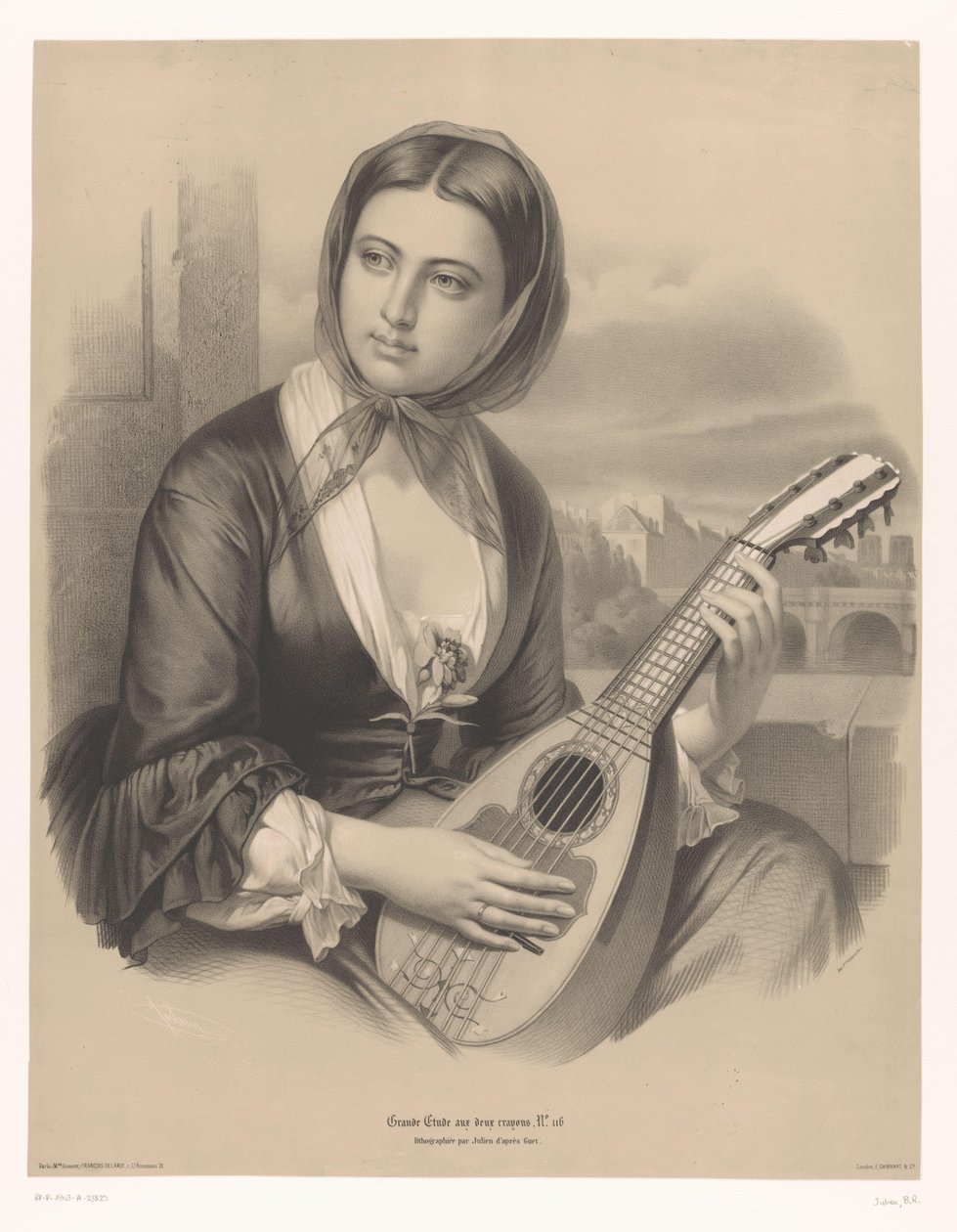 Frau spielt eine Mandoline (Große Studien in zwei Arten von Kreide) von Bernard Romain Julien