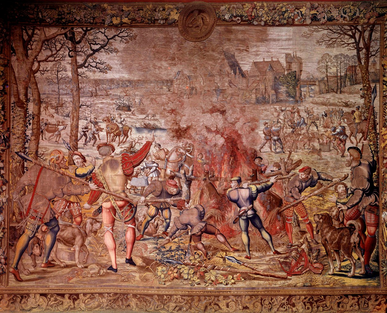 Die Jagden von Maximilien, genannt „Schöne Jagden von Guise“: der Monat Januar, Wassermann, Wildschweinjagd, Flambée, Curee - Tapisserie hergestellt in den flämischen Werkstätten von Bernard van Orley von Bernard van (after) Orley
