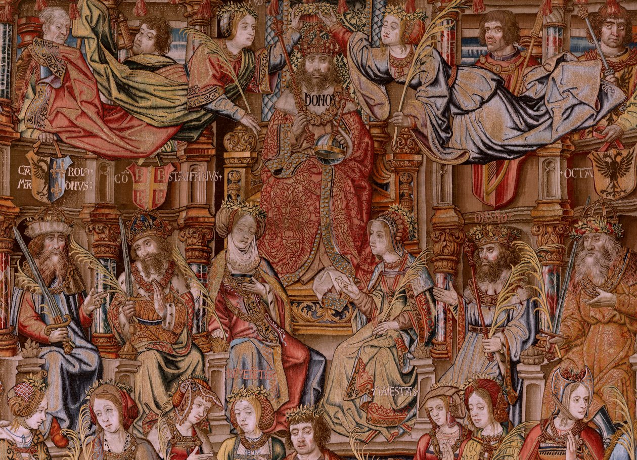 Flämischer Wandteppich. Serie Die Ehren. Ehre (El Honor). Zweiter Wandteppich in der Serie. Modell Zeichner aus dem Kreis von Bernard van Orley und Jan Gossaert (Mabuse). Herstellung Pieter van Aelst, Brüssel. Ca 1550. Stoff Gold, Silber, Seide und Wolle. von Bernard van Orley
