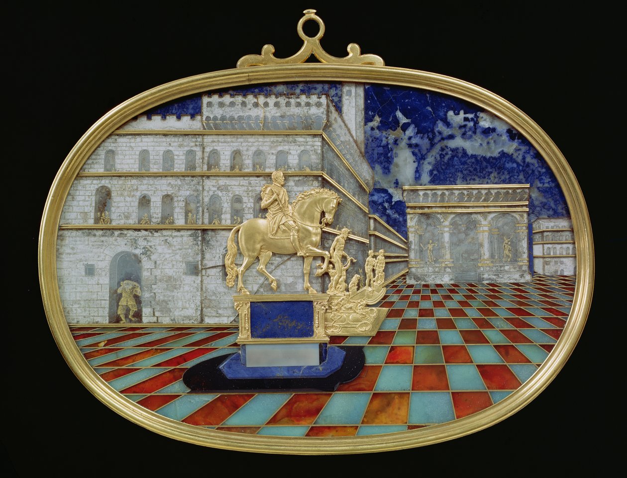 Miniaturmosaik eines italienischen Platzes, wahrscheinlich Florenz, mit Bronzen und einer Reiterstatue, Mosaik von Gaffuri und Goldreliefs von Bilivelt von Bernardino and Bilivert, Jacopo Gaffuri