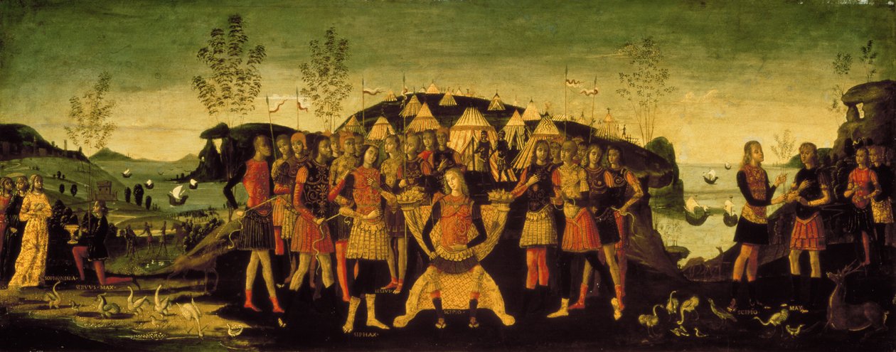 Scipio Africanus (237-183 v. Chr.), römischer General, mit dem gefangenen numidischen Prinzen Sphax, dessen Frau Sophonisba, eine karthagische Adlige, links steht, ca. 1490 von Bernardino Fungai