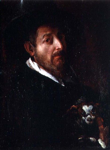 Selbstporträt mit einem Hund (Öl auf Leinwand) von Bernardino Barbatelli Poccetti