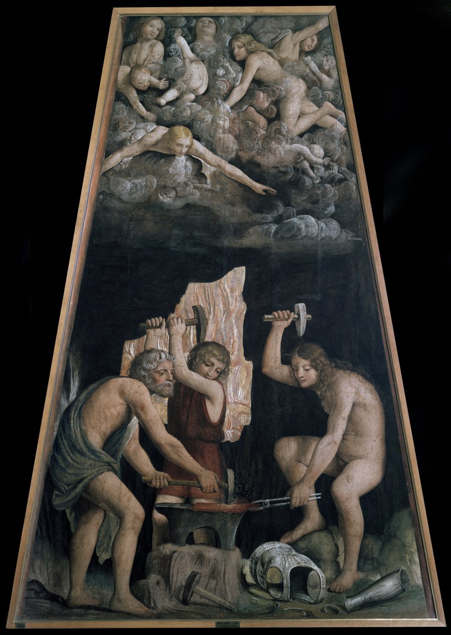 Göttliche Waffen geschmiedet in der Schmiede des Vulkans vor einigen Engeln, Detail von Bernardino Luini