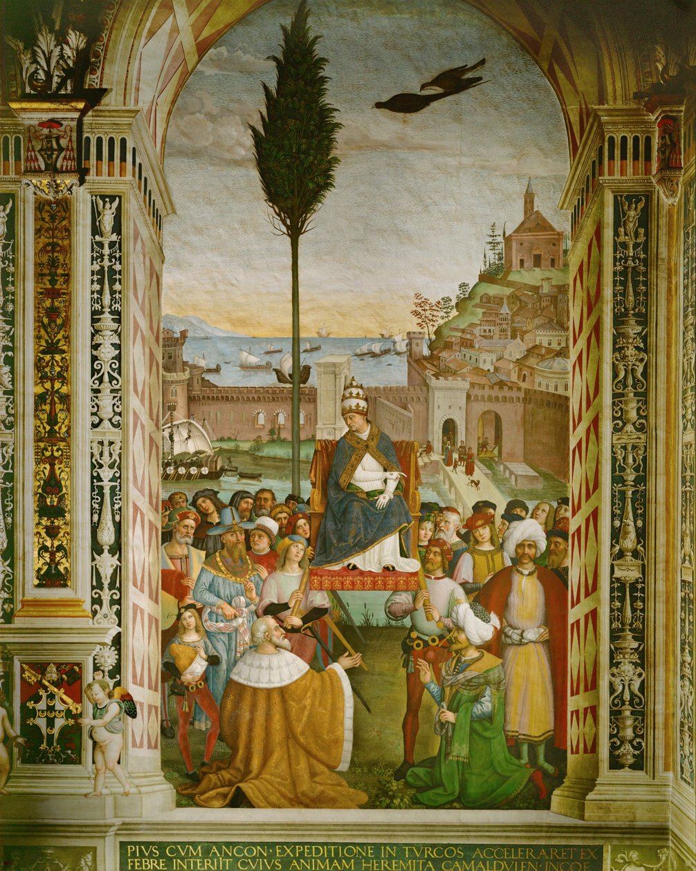 Aeneas Silvius Piccolomini, Papst Pius II. im Hafen von Ancona, Italien, wo er starb, während er auf die Kreuzfahrer wartete von Bernardino di Betto Pinturicchio
