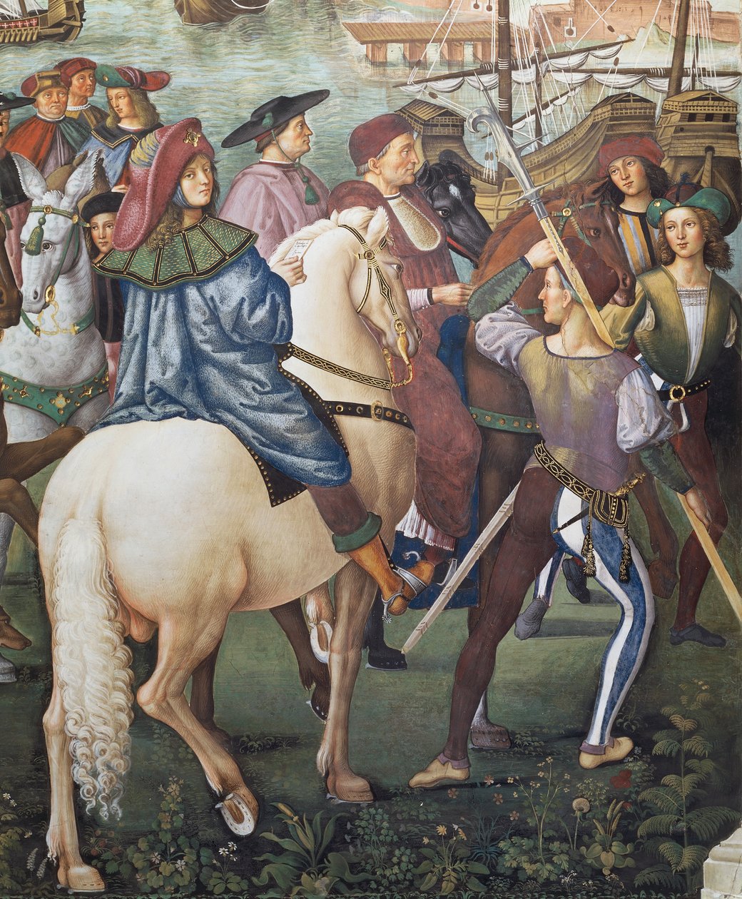 Enea Silvio Piccolomini auf dem Weg nach Basel als Sekretär des Bischofs von Ferrara, Detail aus den Geschichten von Pius II von Bernardino di Betto Pinturicchio