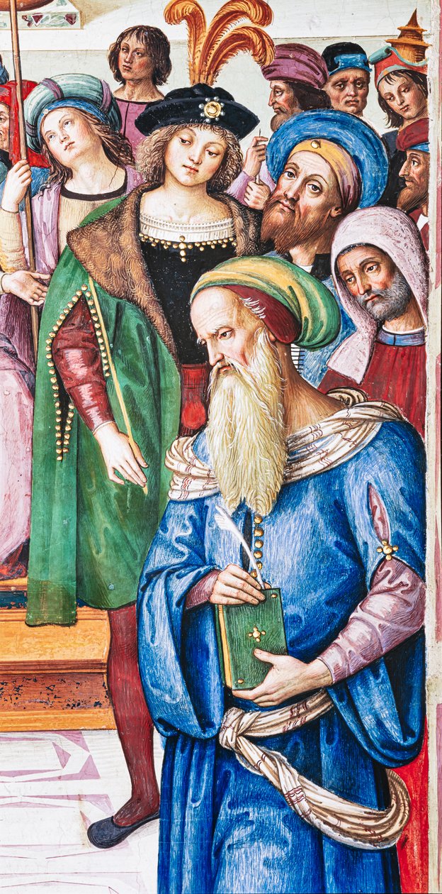 Die Piccolomini-Bibliothek, Nordostwand: „Aeneas Sylvius hält eine Rede vor König Jakob I. von Schottland, Winter 1435“ von Bernardino di Betto Pinturicchio