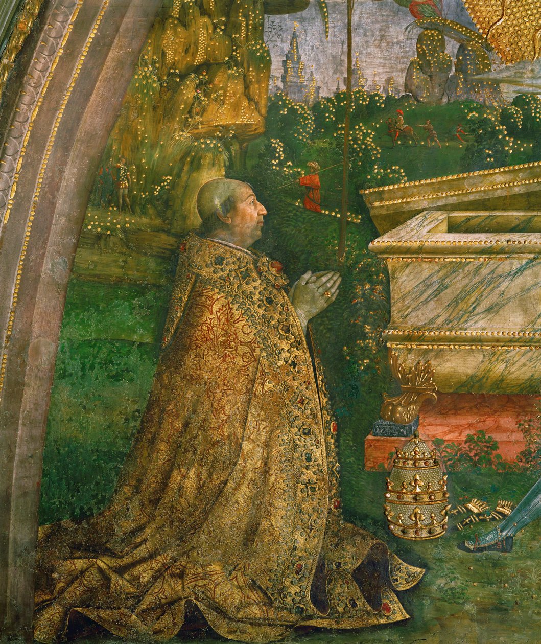 Die Auferstehung. Papst Alexander VI. Borgia kniet vor einem leeren Sarkophag von Bernardino di Betto Pinturicchio