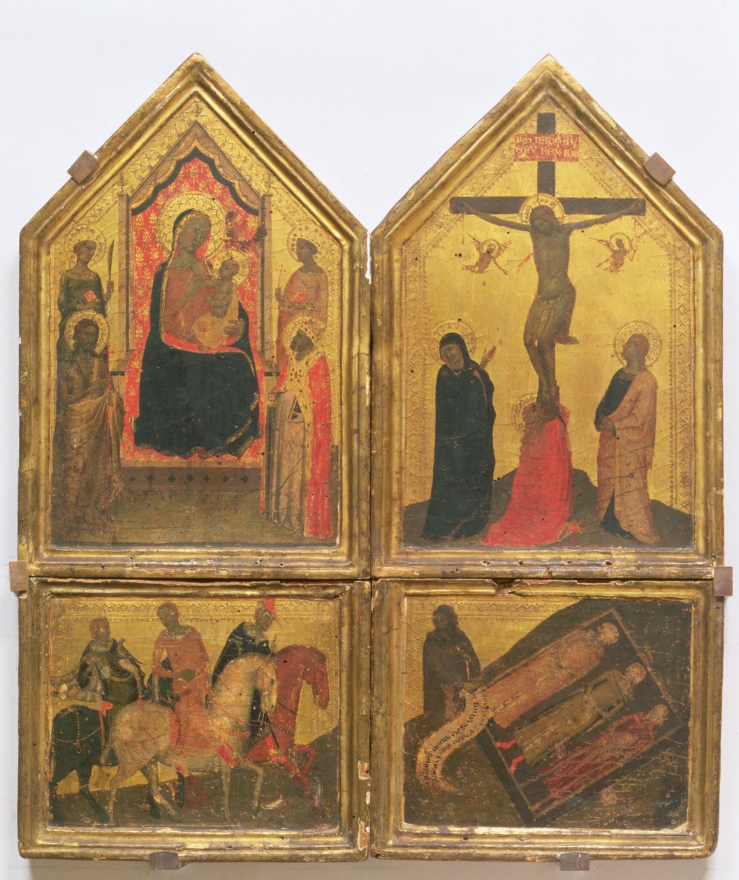 Madonna und Kind mit Heiligen, die Kreuzigung und die Legende von den drei Lebenden und den drei Toten von Bernardo Daddi