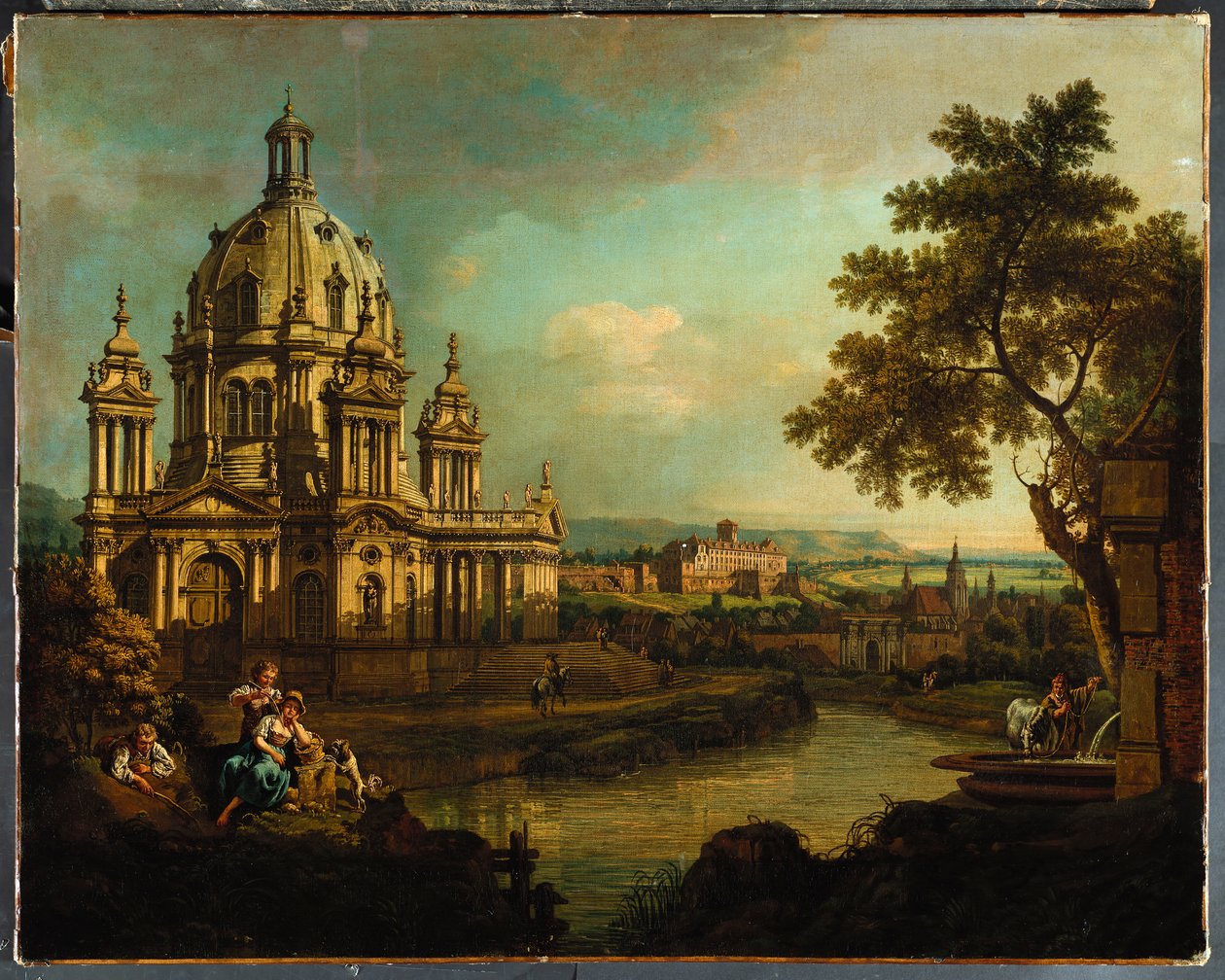 Ein Capriccio mit einer Kuppelkirche und Gebäuden in Pirna von Bernardo Bellotto