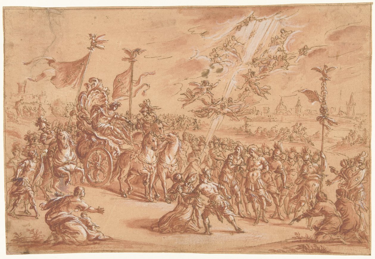 Ein heiliger Bischof kniet neben der Prozession eines römischen Imperators von Bernardo Castello (attributed to)