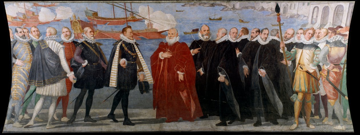 Der Doge Giacomo Durazzo Grimaldi empfängt Juan von Österreich im Hafen von Genua (Fresko) von Bernardo Castello