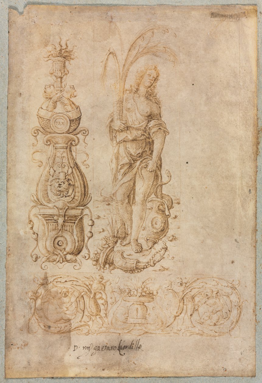 Entwurf für einen Kandelaber, allegorische Figur der Fülle, Ornamentrelief-Design von Bernardo Parentino