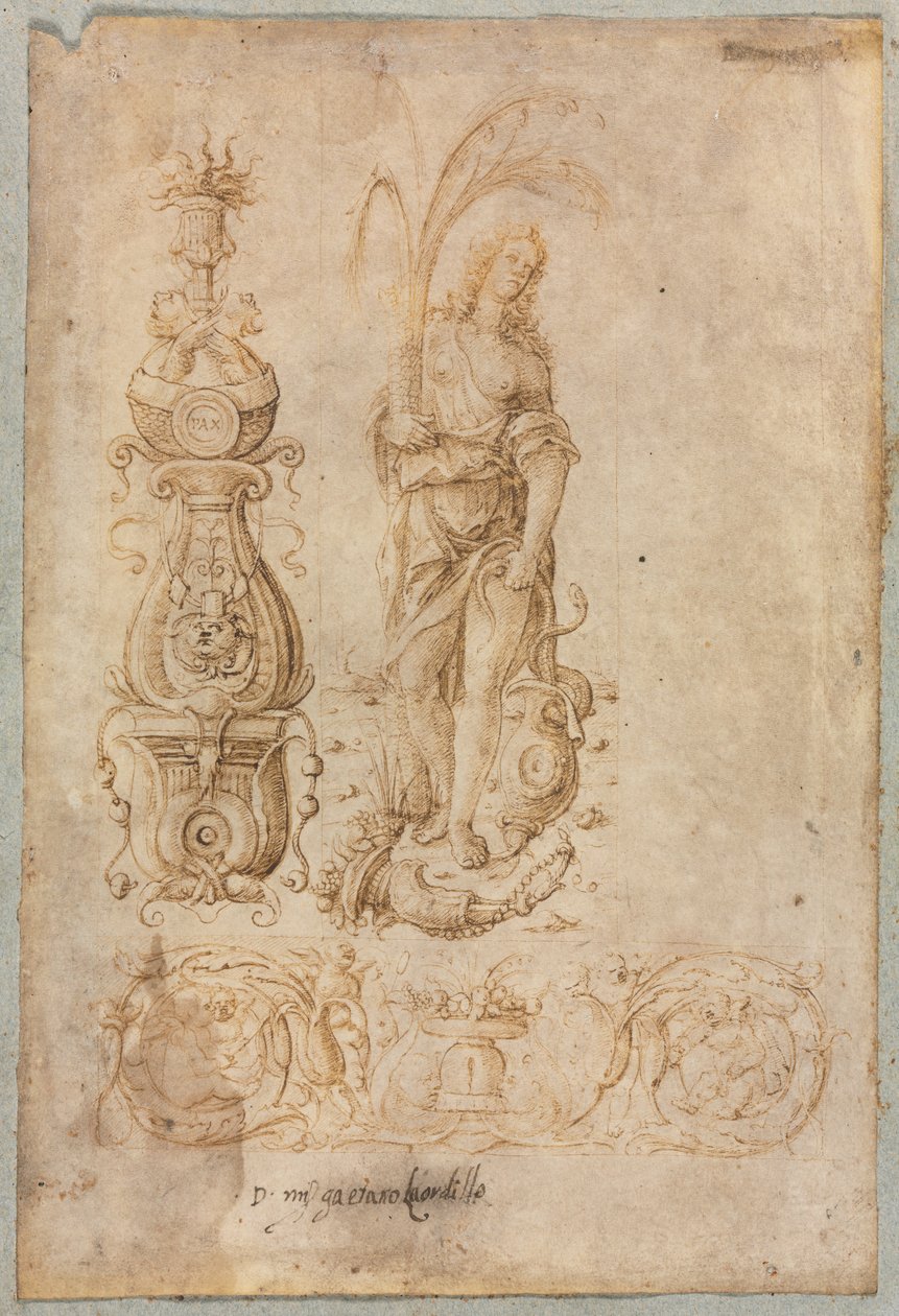 Entwurf für einen Kandelaber, Allegorische Figur des Überflusses, Ornamentaler Reliefentwurf, ca. 1490er Jahre von Bernardo Parentino